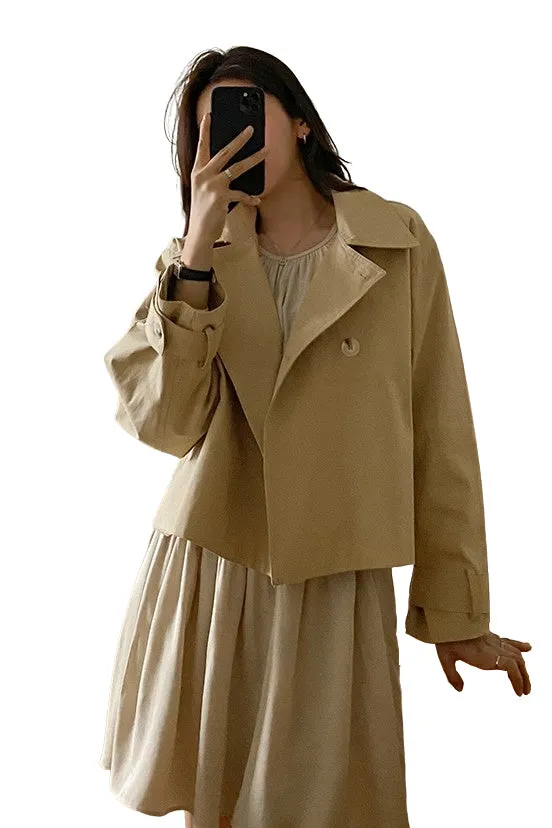 Beige Short Cropped Classic Double Breasted Trench Coats For Womens 100% Cotton Korean Clothing Clothes Outerwear Loose Fitted Spring Autumn