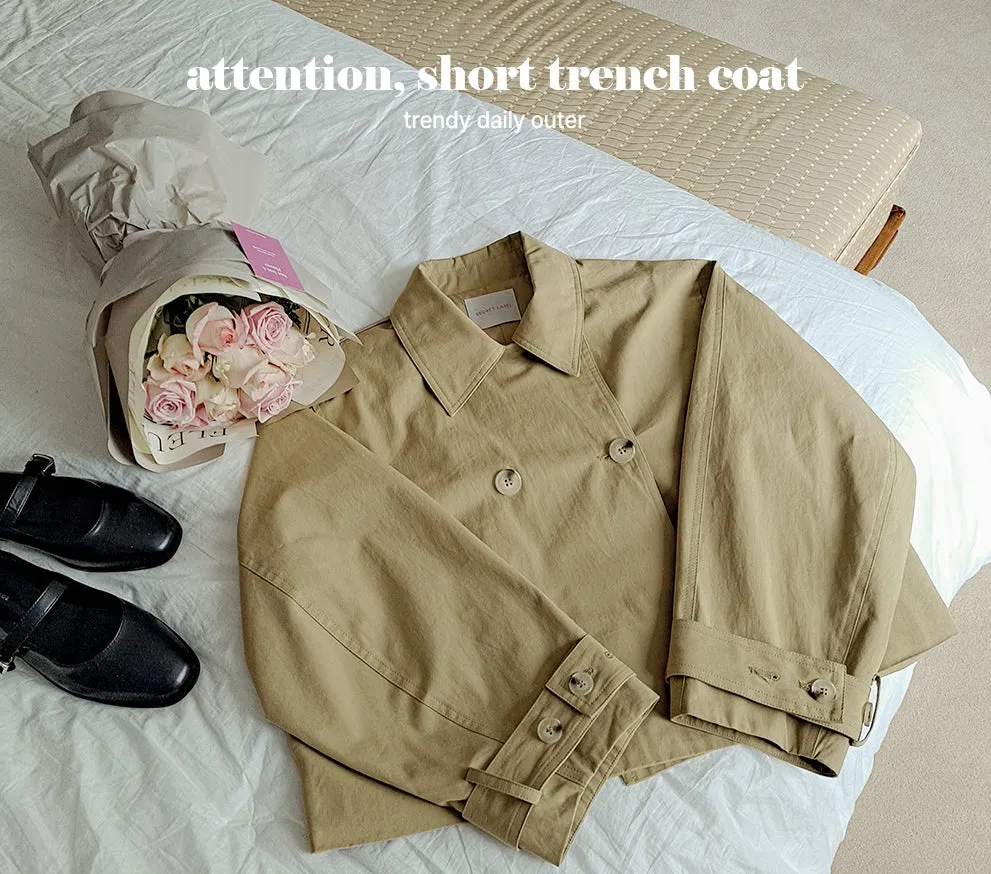 Beige Short Cropped Classic Double Breasted Trench Coats For Womens 100% Cotton Korean Clothing Clothes Outerwear Loose Fitted Spring Autumn