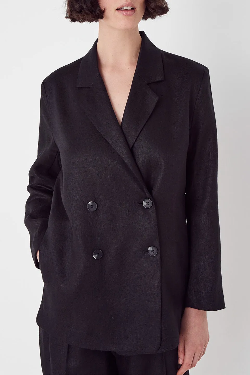 Double Breasted Black Linen Blazer