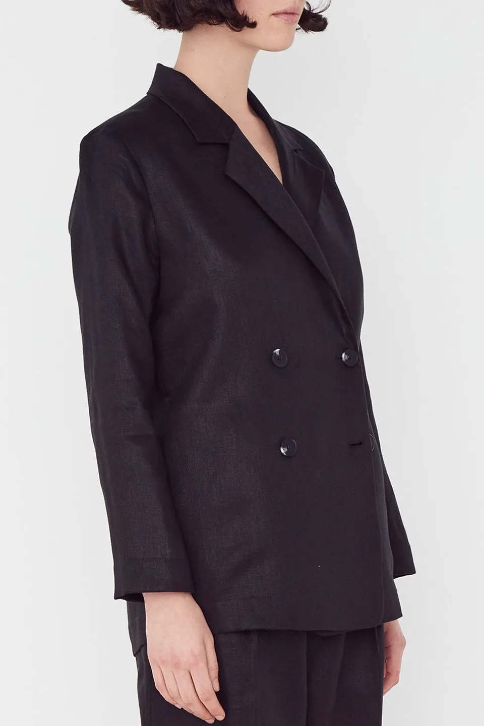 Double Breasted Black Linen Blazer