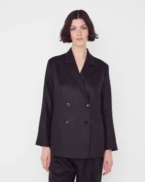 Double Breasted Black Linen Blazer