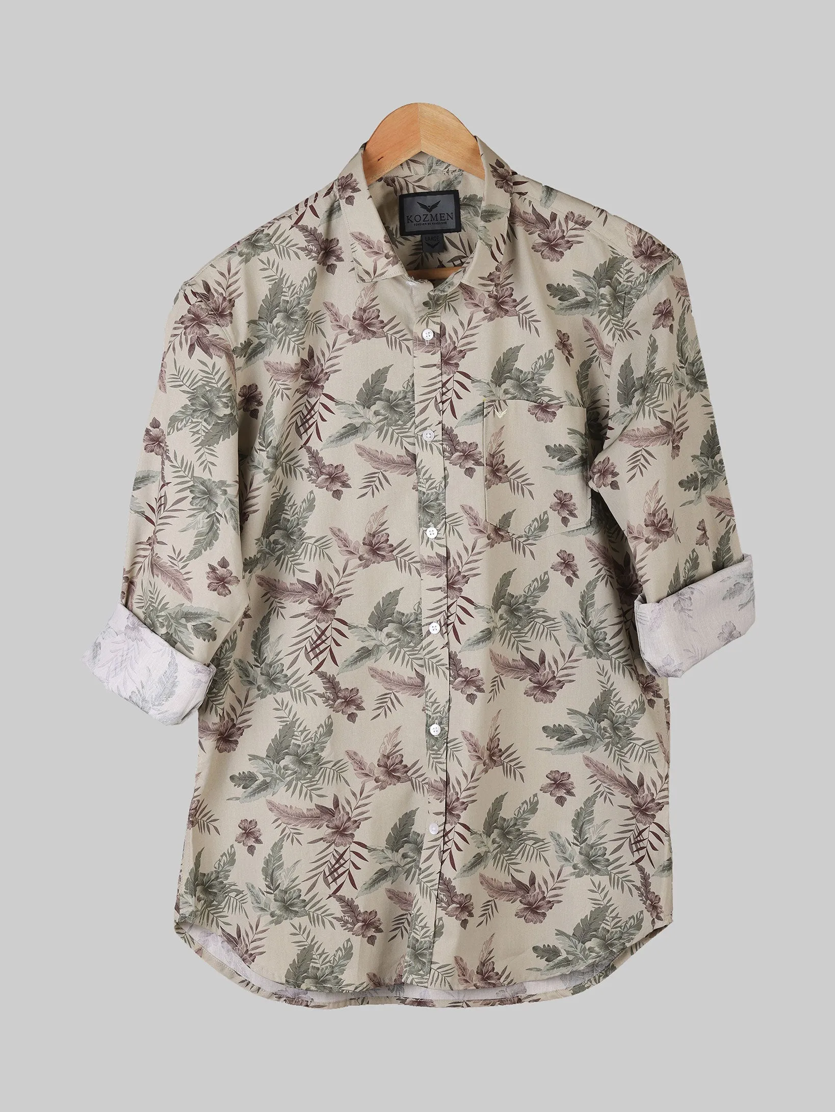 Leafy Print Cream & Green Cotton Causal shirt