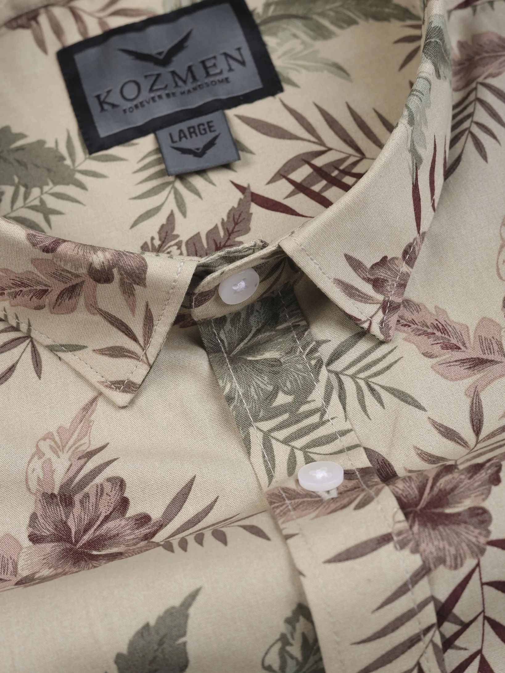 Leafy Print Cream & Green Cotton Causal shirt