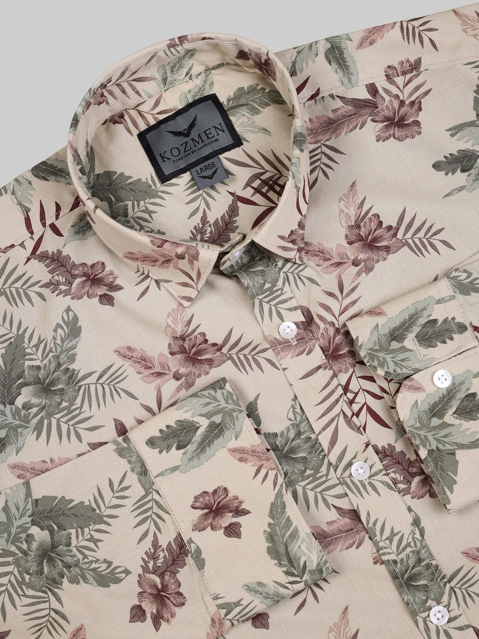 Leafy Print Cream & Green Cotton Causal shirt