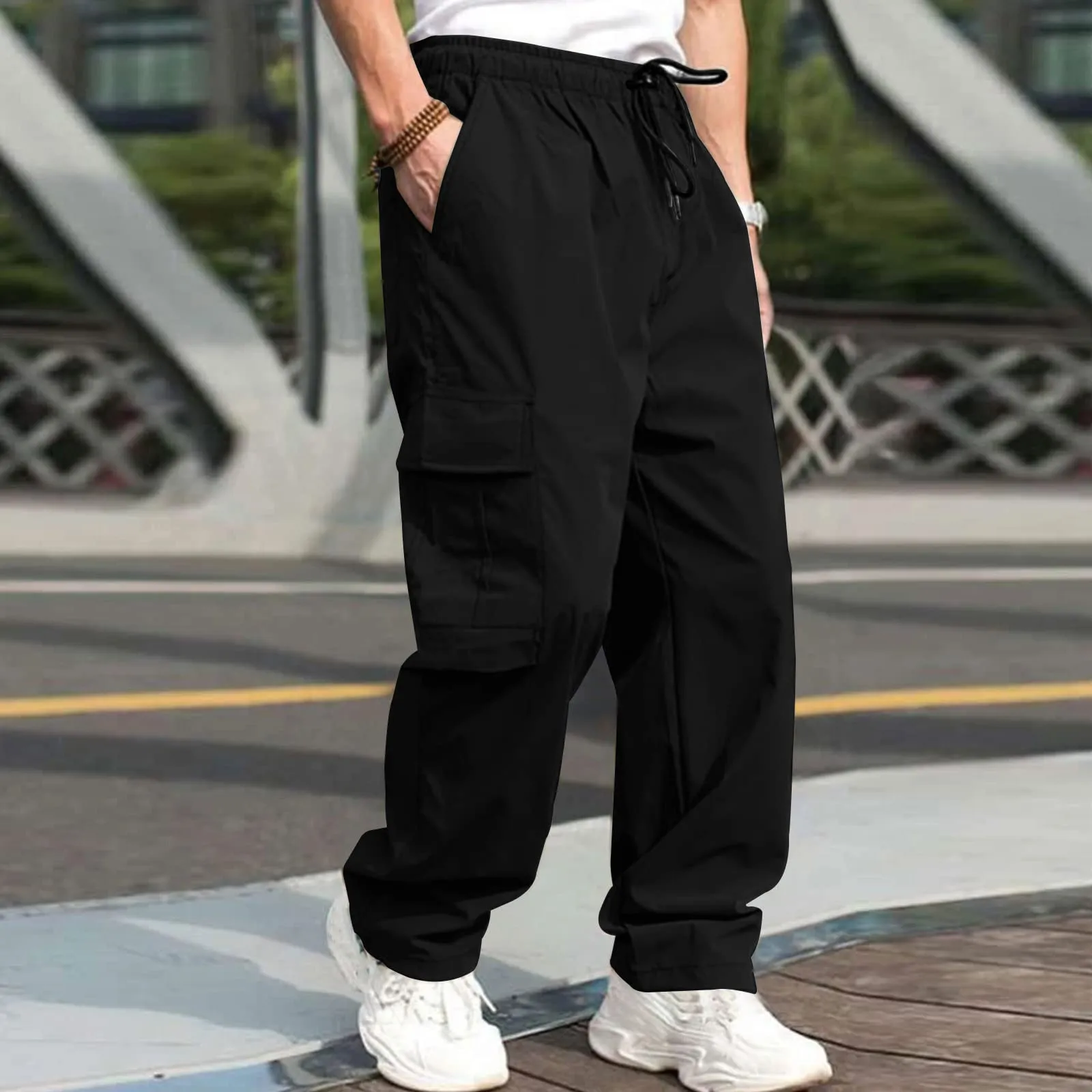 Solid Color Drawstring Mid Waist Male Cargo Sweatpants (4 colors)