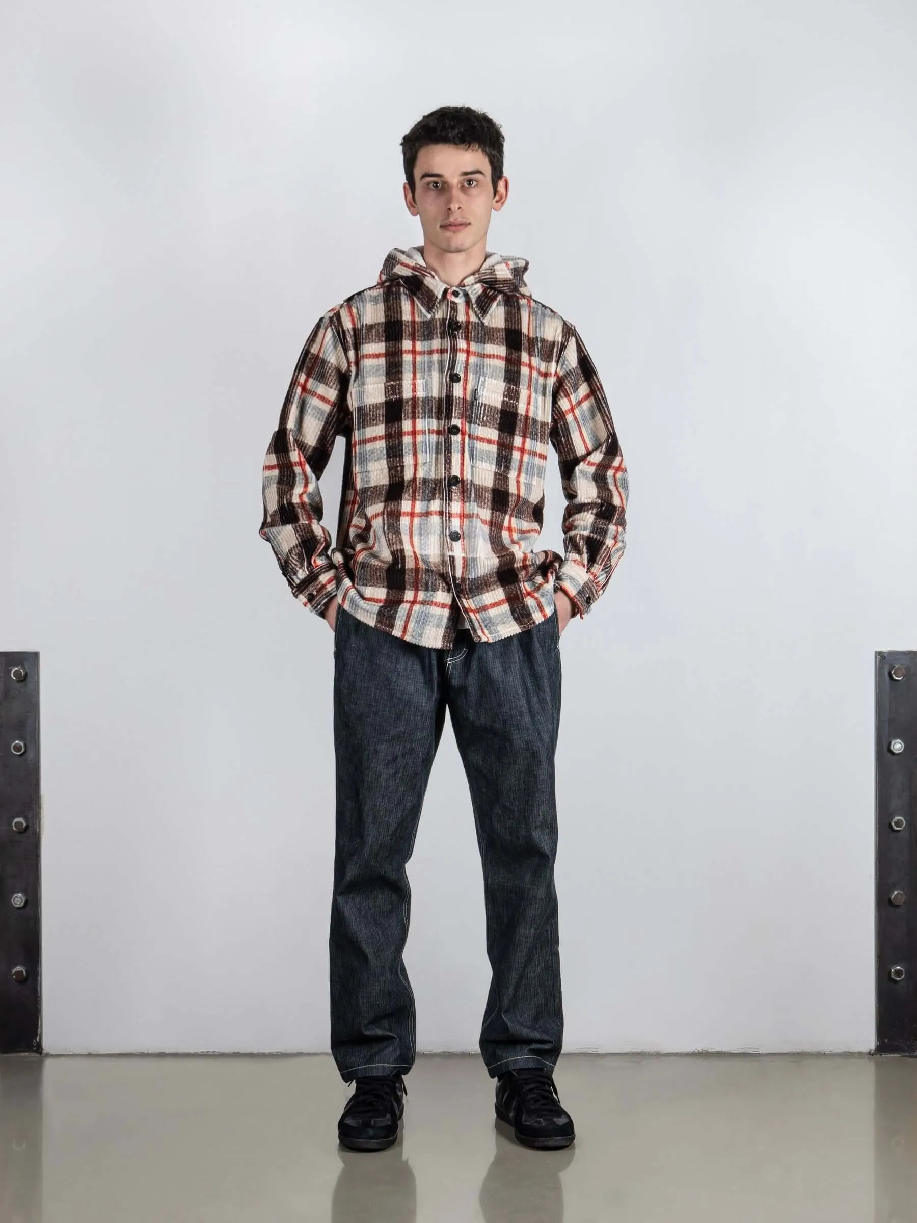 Plaid Corduroy Jacket with Detachable Hood