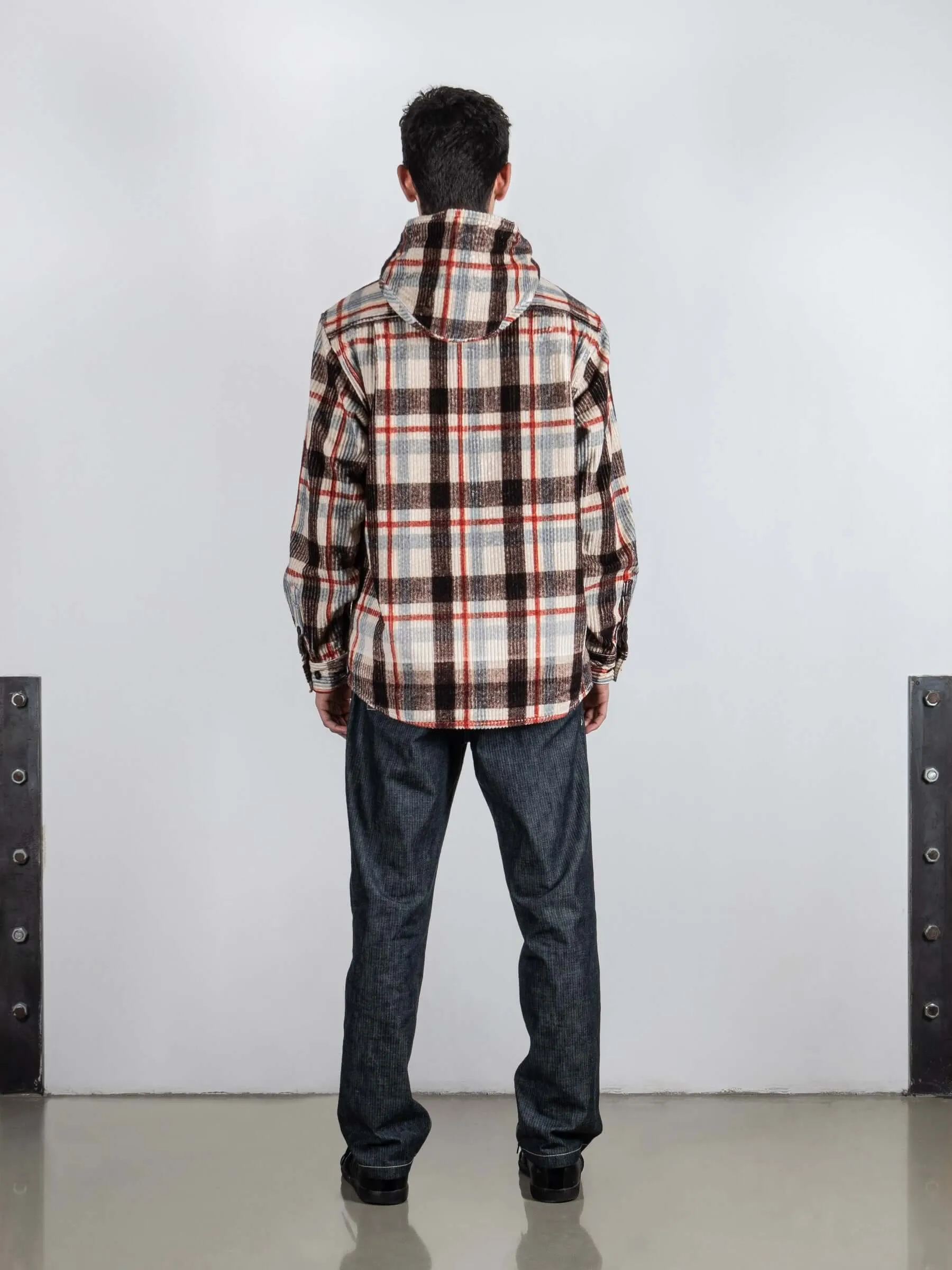 Plaid Corduroy Jacket with Detachable Hood