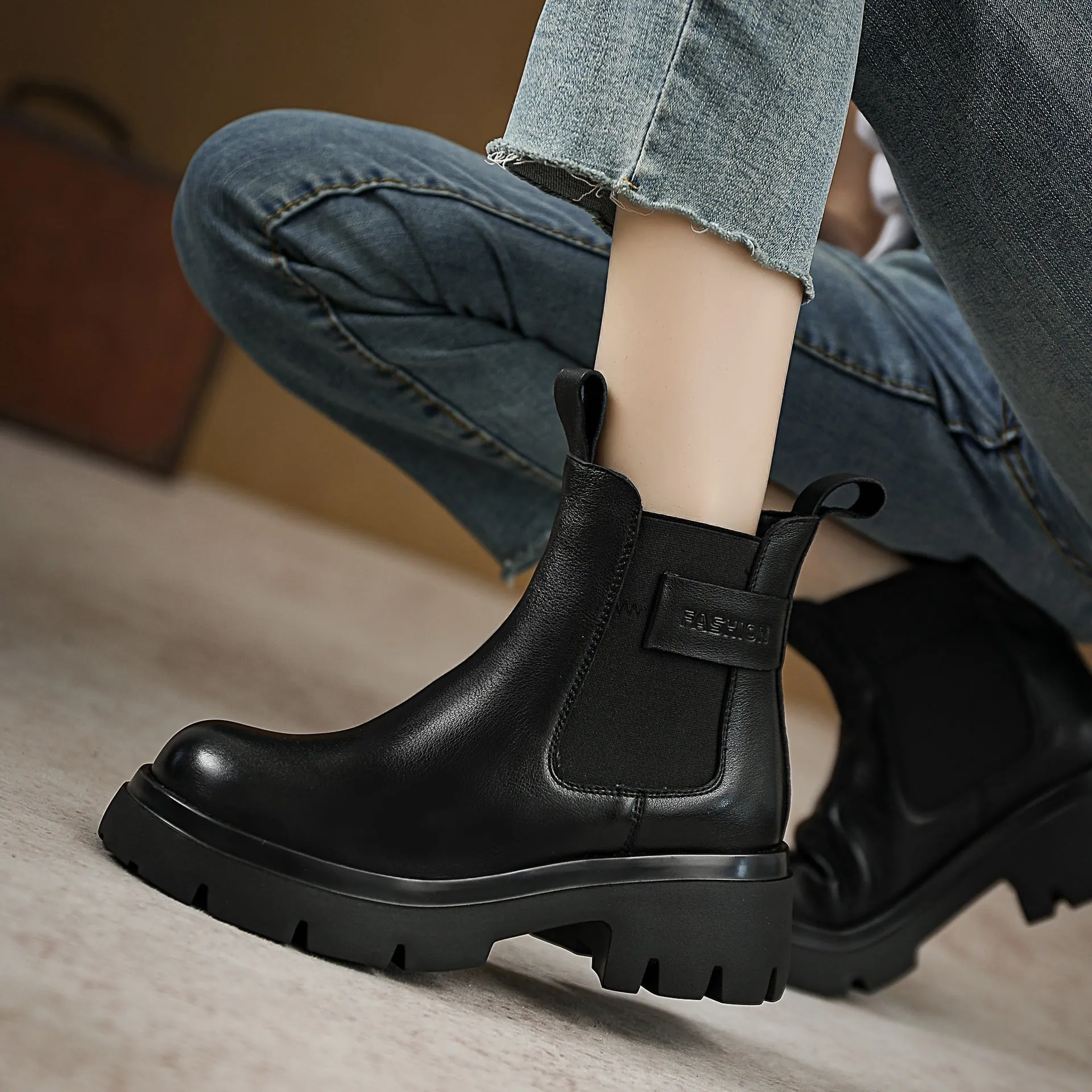 Women Autumn Winter Leather Retro Wedge Boots